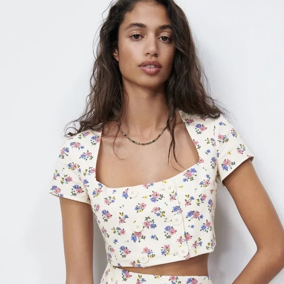 ZARA linen blend floral print cropped top size medium - Picture 2 of 13